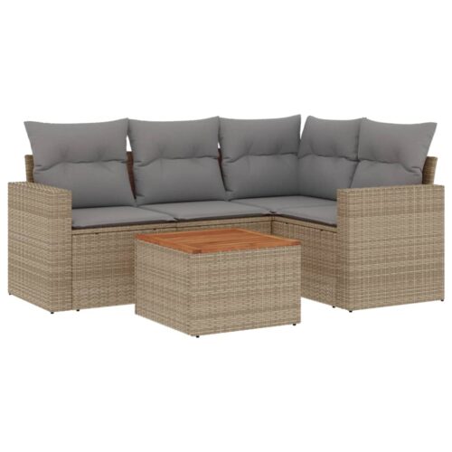 5-Piece Garden Sofa Set with Cushions Beige Poly Rattan Wicker Outdoor Patio Furniture