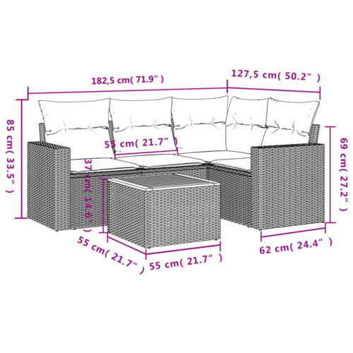 5-Piece Garden Sofa Set with Cushions Beige Poly Rattan Wicker Outdoor Patio Furniture - Image 3