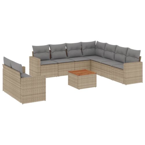 10-Piece Garden Sofa Set with Cushions Beige Poly Rattan Wicker Outdoor Patio Furniture