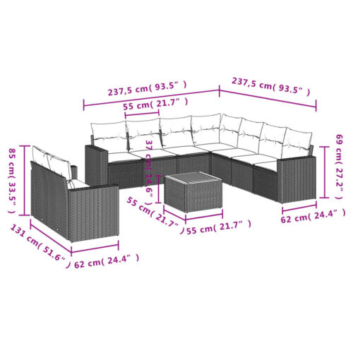 10-Piece Garden Sofa Set with Cushions Beige Poly Rattan Wicker Outdoor Patio Furniture - Image 3