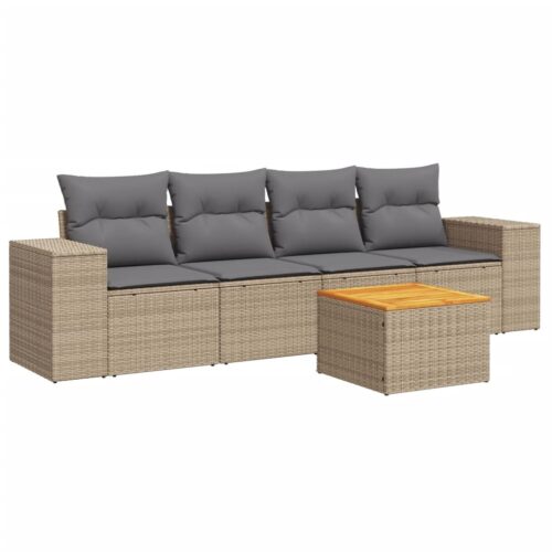 5-Piece Garden Sofa Set with Cushions Beige Poly Rattan Wicker Outdoor Patio Furniture
