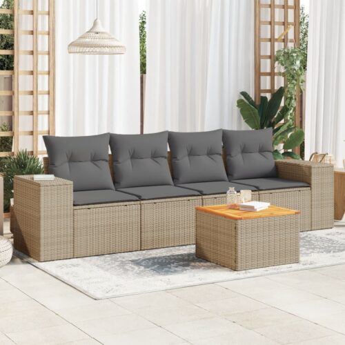 5-Piece Garden Sofa Set with Cushions Beige Poly Rattan Wicker Outdoor Patio Furniture - Image 2