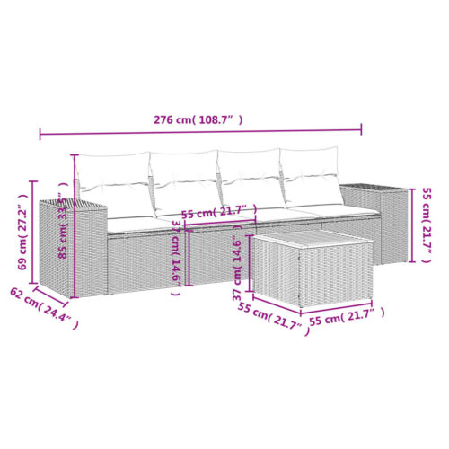 5-Piece Garden Sofa Set with Cushions Beige Poly Rattan Wicker Outdoor Patio Furniture - Image 3