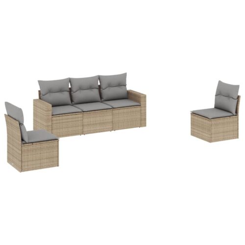 5-Piece Garden Sofa Set with Cushions Beige Poly Rattan Wicker Outdoor Patio Furniture