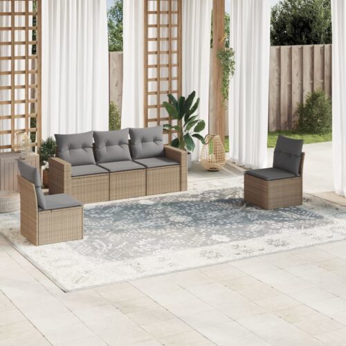 5-Piece Garden Sofa Set with Cushions Beige Poly Rattan Wicker Outdoor Patio Furniture - Image 2