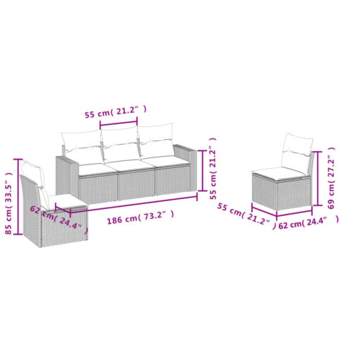 5-Piece Garden Sofa Set with Cushions Beige Poly Rattan Wicker Outdoor Patio Furniture - Image 3