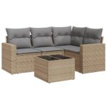 5-Piece Garden Sofa Set with Cushions Beige Poly Rattan Wicker Outdoor Patio Furniture