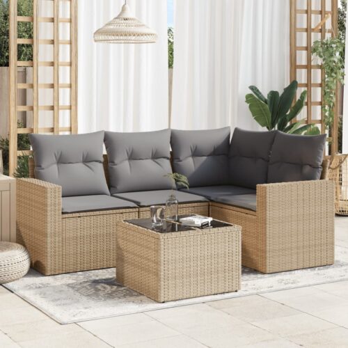 5-Piece Garden Sofa Set with Cushions Beige Poly Rattan Wicker Outdoor Patio Furniture - Image 2