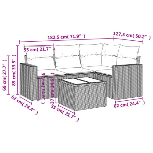 5-Piece Garden Sofa Set with Cushions Beige Poly Rattan Wicker Outdoor Patio Furniture - Image 3