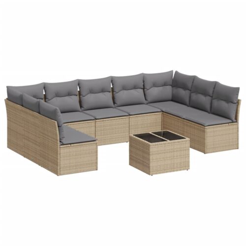 10-Piece Garden Sofa Set with Cushions Beige Poly Rattan Wicker Outdoor Patio Furniture