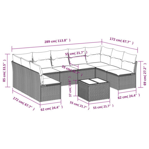 10-Piece Garden Sofa Set with Cushions Beige Poly Rattan Wicker Outdoor Patio Furniture - Image 3