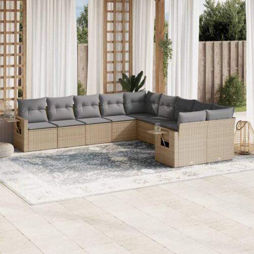 10-Piece Garden Sofa Set with Cushions Beige Poly Rattan Wicker Outdoor Patio Furniture - Image 2