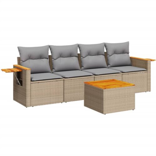 5-Piece Garden Sofa Set with Cushions Beige Poly Rattan Wicker Outdoor Patio Furniture