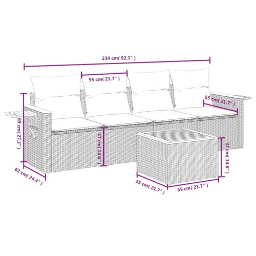 5-Piece Garden Sofa Set with Cushions Beige Poly Rattan Wicker Outdoor Patio Furniture - Image 3