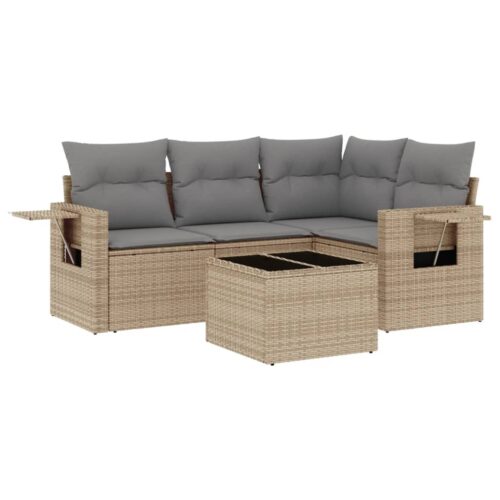 5-Piece Garden Sofa Set with Cushions Beige Poly Rattan Wicker Outdoor Patio Furniture