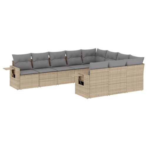 10-Piece Garden Sofa Set with Cushions Beige Poly Rattan Wicker Outdoor Patio Furniture - Image 12