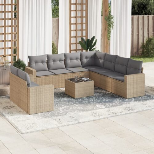 10-Piece Garden Sofa Set with Cushions Beige Poly Rattan Wicker Outdoor Patio Furniture - Image 2
