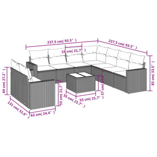 10-Piece Garden Sofa Set with Cushions Beige Poly Rattan Wicker Outdoor Patio Furniture - Image 3