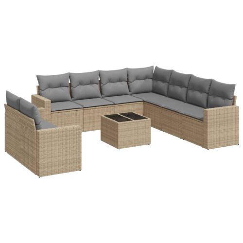 10-Piece Garden Sofa Set with Cushions Beige Poly Rattan Wicker Outdoor Patio Furniture - Image 5
