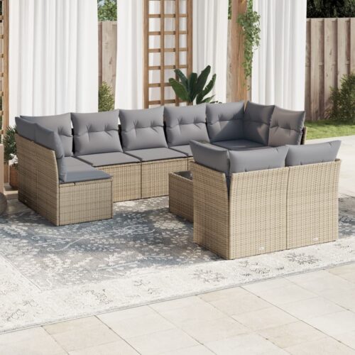 10-Piece Garden Sofa Set with Cushions Beige Poly Rattan Wicker Outdoor Patio Furniture - Image 2