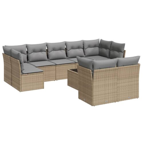 10-Piece Garden Sofa Set with Cushions Beige Poly Rattan Wicker Outdoor Patio Furniture - Image 5