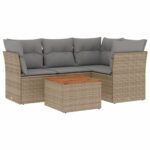 5-Piece Garden Sofa Set with Cushions Beige Poly Rattan Wicker Outdoor Patio Furniture