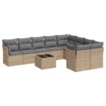 10-Piece Garden Sofa Set with Cushions Beige Poly Rattan Wicker Outdoor Patio Furniture