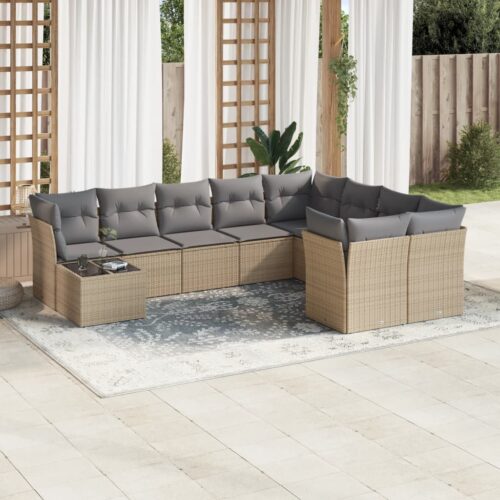 10-Piece Garden Sofa Set with Cushions Beige Poly Rattan Wicker Outdoor Patio Furniture - Image 2