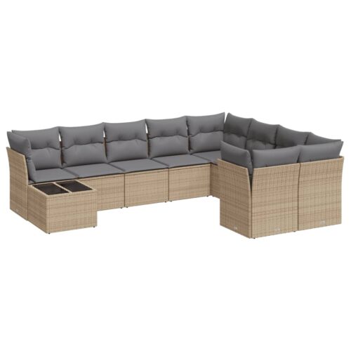 10-Piece Garden Sofa Set with Cushions Beige Poly Rattan Wicker Outdoor Patio Furniture - Image 5