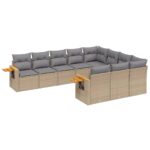10-Piece Garden Sofa Set with Cushions Beige Poly Rattan Wicker Outdoor Patio Furniture
