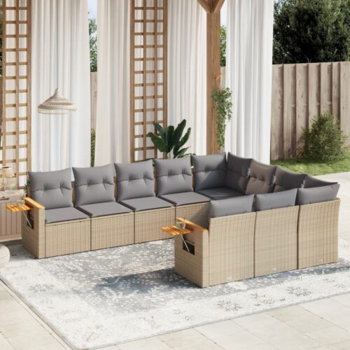 10-Piece Garden Sofa Set with Cushions Beige Poly Rattan Wicker Outdoor Patio Furniture - Image 2