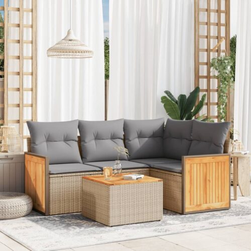 5-Piece Garden Sofa Set with Cushions Beige Poly Rattan Wicker Outdoor Patio Furniture - Image 2