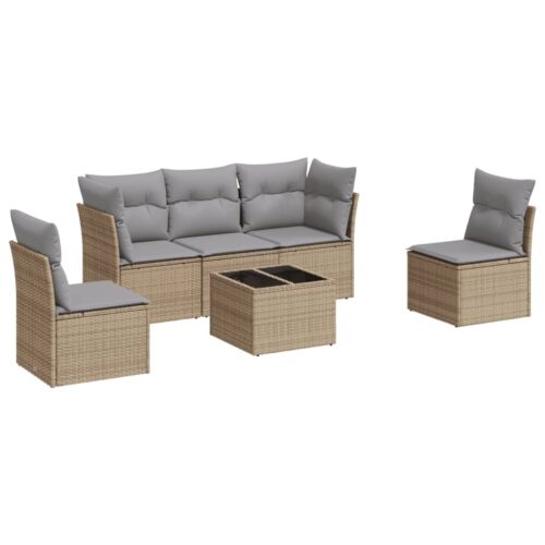 6-Piece Garden Sofa Set with Cushions Beige Poly Rattan Wicker Outdoor Patio Furniture - Image 5