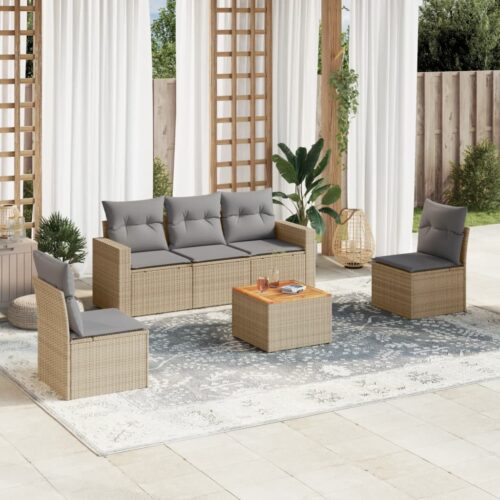6-Piece Garden Sofa Set with Cushions Beige Poly Rattan Wicker Outdoor Patio Furniture - Image 2