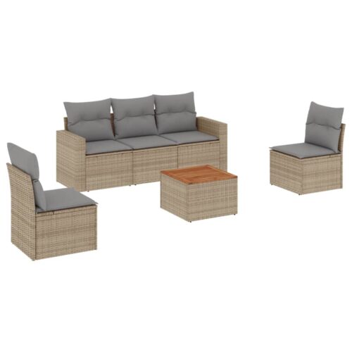 6-Piece Garden Sofa Set with Cushions Beige Poly Rattan Wicker Outdoor Patio Furniture - Image 5