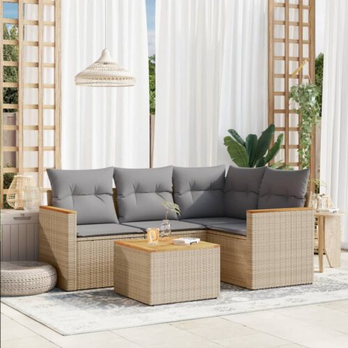 5-Piece Garden Sofa Set with Cushions Beige Poly Rattan Wicker Outdoor Patio Furniture - Image 2
