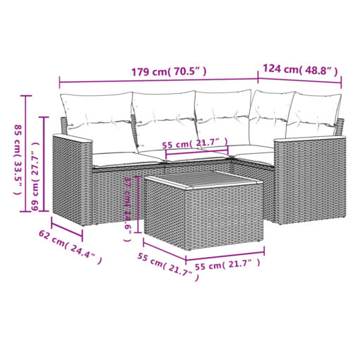 5-Piece Garden Sofa Set with Cushions Beige Poly Rattan Wicker Outdoor Patio Furniture - Image 3