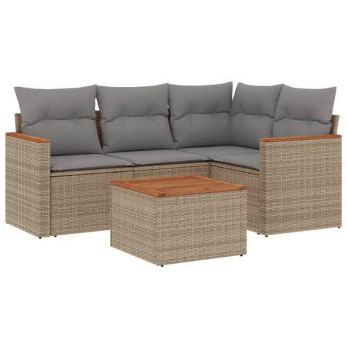 5-Piece Garden Sofa Set with Cushions Beige Poly Rattan Wicker Outdoor Patio Furniture - Image 5