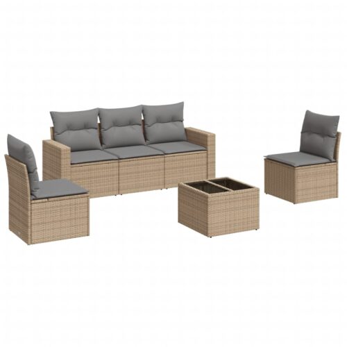 6-Piece Garden Sofa Set with Cushions Beige Poly Rattan Wicker Outdoor Patio Furniture - Image 5