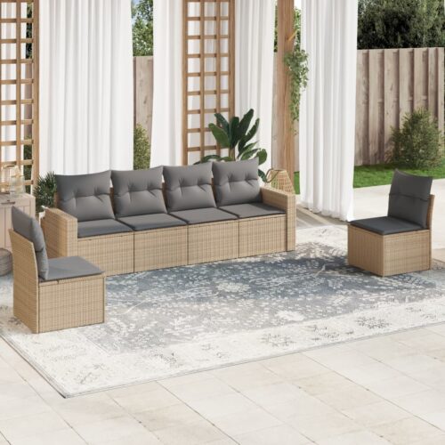 6-Piece Garden Sofa Set with Cushions Beige Poly Rattan Wicker Outdoor Patio Furniture - Image 2