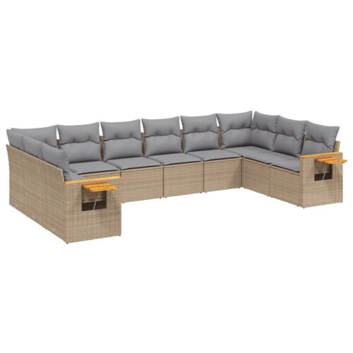 10-Piece Garden Sofa Set with Cushions Beige Poly Rattan Wicker Outdoor Patio Furniture - Image 14