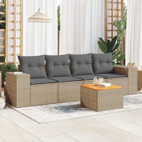 5-Piece Garden Sofa Set with Cushions Beige Poly Rattan Wicker Outdoor Patio Furniture - Image 2