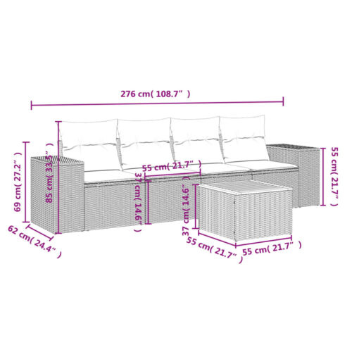 5-Piece Garden Sofa Set with Cushions Beige Poly Rattan Wicker Outdoor Patio Furniture - Image 3