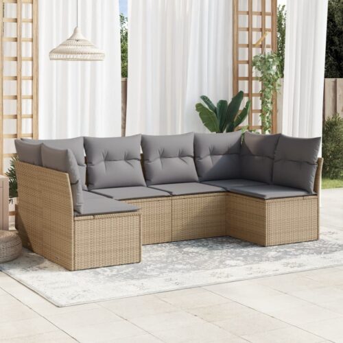 6-Piece Garden Sofa Set with Cushions Beige Poly Rattan Wicker Outdoor Patio Furniture - Image 2