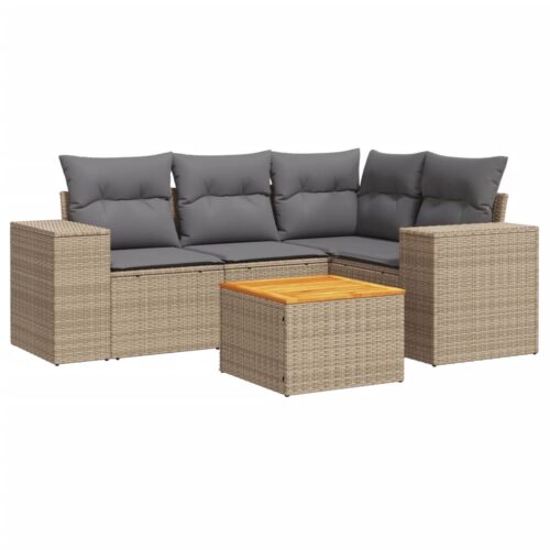 5-Piece Garden Sofa Set with Cushions Beige Poly Rattan Wicker Outdoor Patio Furniture