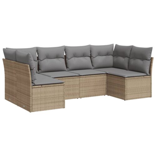 6-Piece Garden Sofa Set with Cushions Beige Poly Rattan Wicker Outdoor Patio Furniture - Image 5