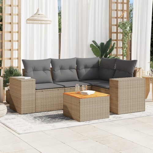 5-Piece Garden Sofa Set with Cushions Beige Poly Rattan Wicker Outdoor Patio Furniture - Image 2