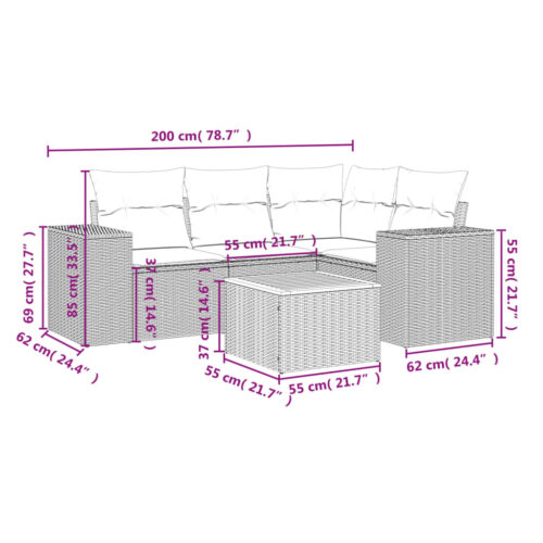 5-Piece Garden Sofa Set with Cushions Beige Poly Rattan Wicker Outdoor Patio Furniture - Image 3