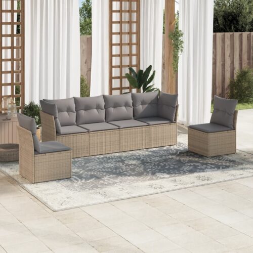 6-Piece Garden Sofa Set with Cushions Beige Poly Rattan Wicker Outdoor Patio Furniture - Image 2