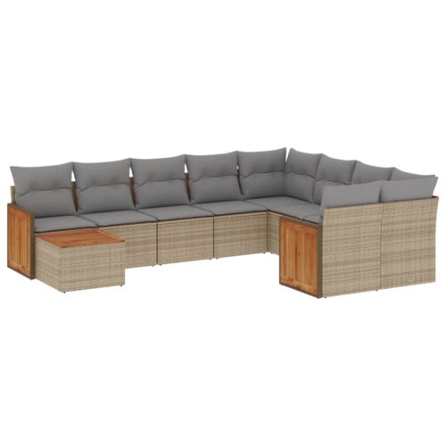 10-Piece Garden Sofa Set with Cushions Beige Poly Rattan Wicker Outdoor Patio Furniture